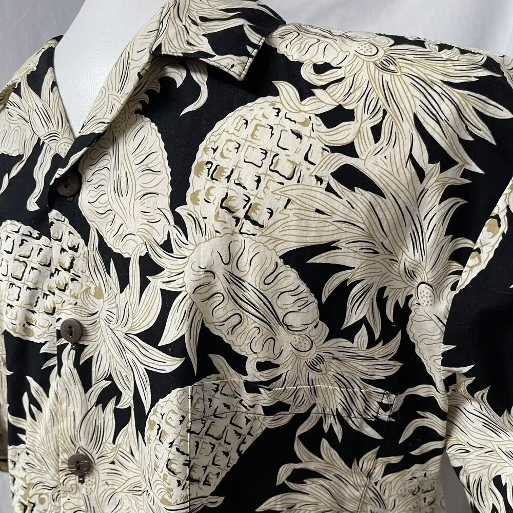 Hilo Hattie Men’s Hawaiian Tiki Shirt Pineapple Black Cream Gold Sz Large